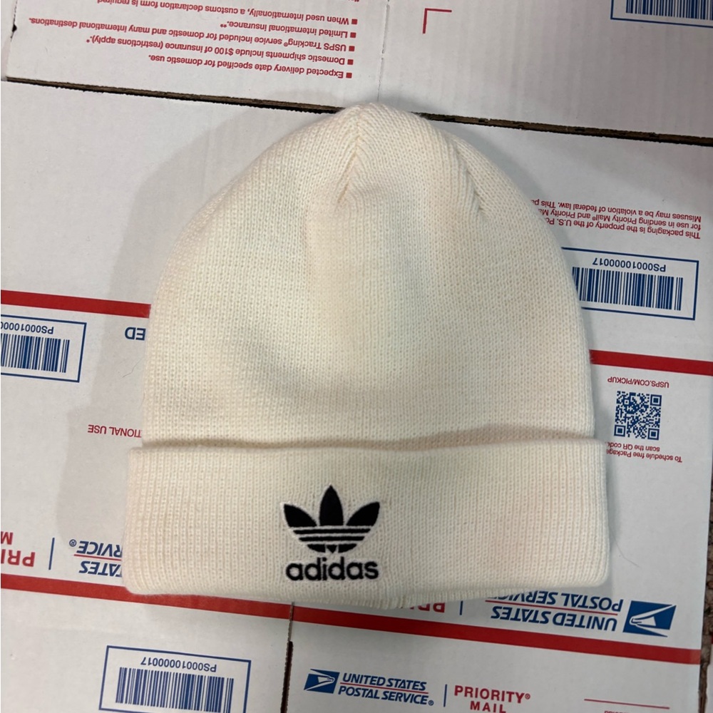 adidas Cream Fold-Over Beanie with Black Trefoil Logo